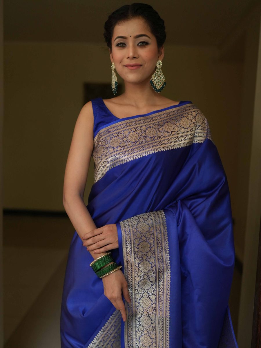 Banarasee Handwoven Semi Katan Plain Saree With Zari Border Design-Royal Blue