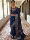 Banarasee Handwoven Semi Silk Saree With Zari Buti Design-Deep Blue