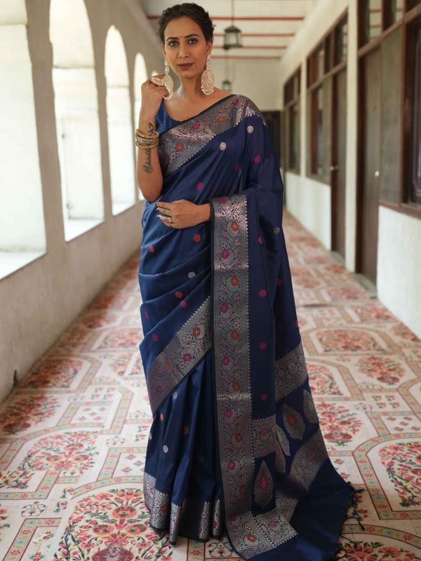 Banarasee Handwoven Semi Silk Saree With Zari Buti Design-Deep Blue