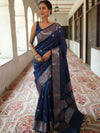 Banarasee Handwoven Semi Silk Saree With Zari Buti Design-Deep Blue