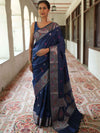 Banarasee Handwoven Semi Silk Saree With Zari Buti Design-Deep Blue