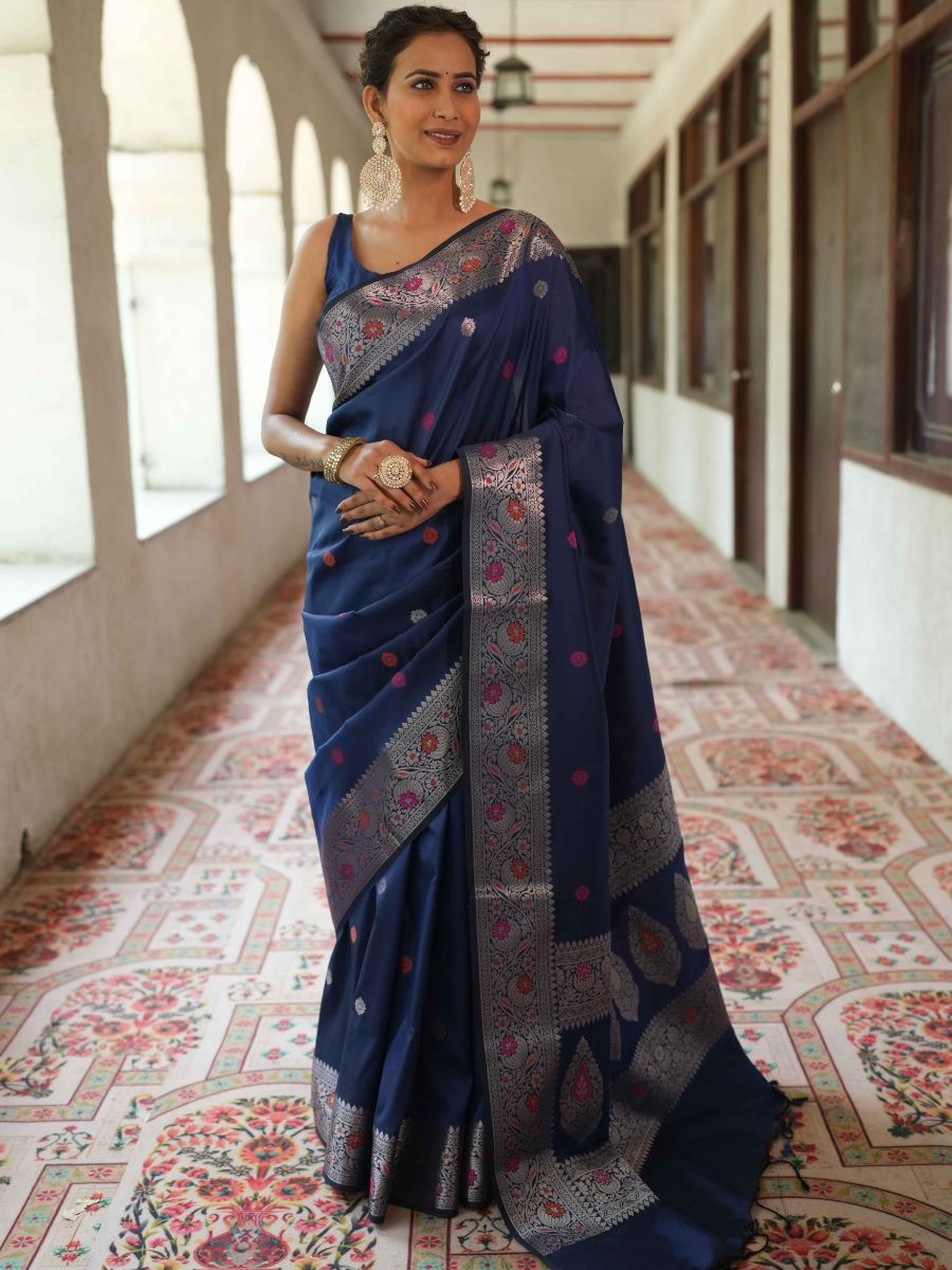 Banarasee Handwoven Semi Silk Saree With Zari Buti Design-Deep Blue