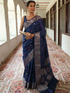 Banarasee Handwoven Semi Silk Saree With Zari Buti Design-Deep Blue