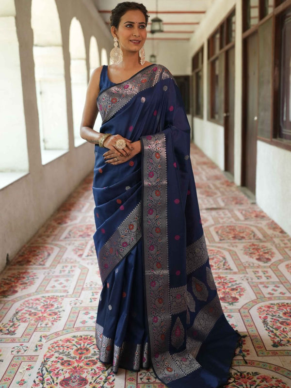 Banarasee Handwoven Semi Silk Saree With Zari Buti Design-Deep Blue