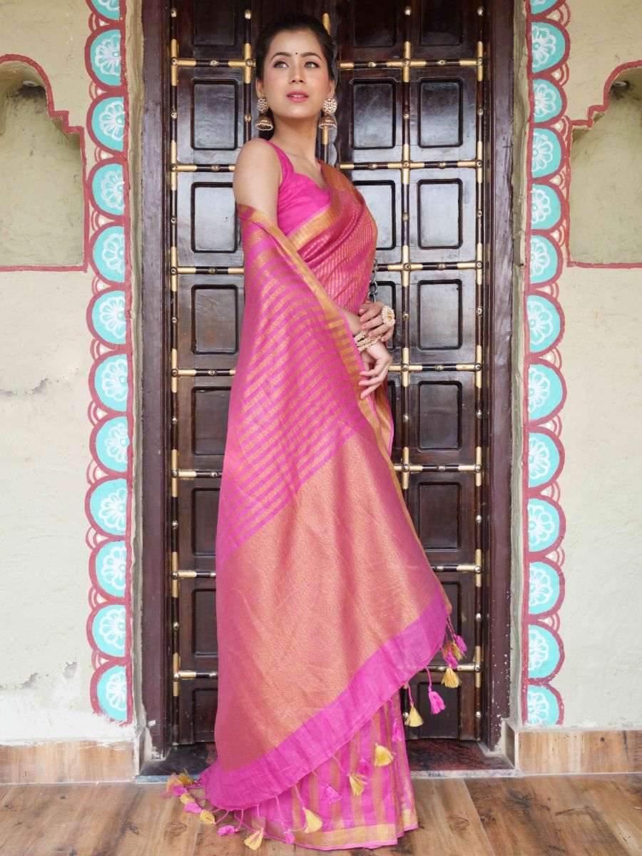 Bhagalpur Handloom Pure Linen Cotton Saree With Zari Design-Pink
