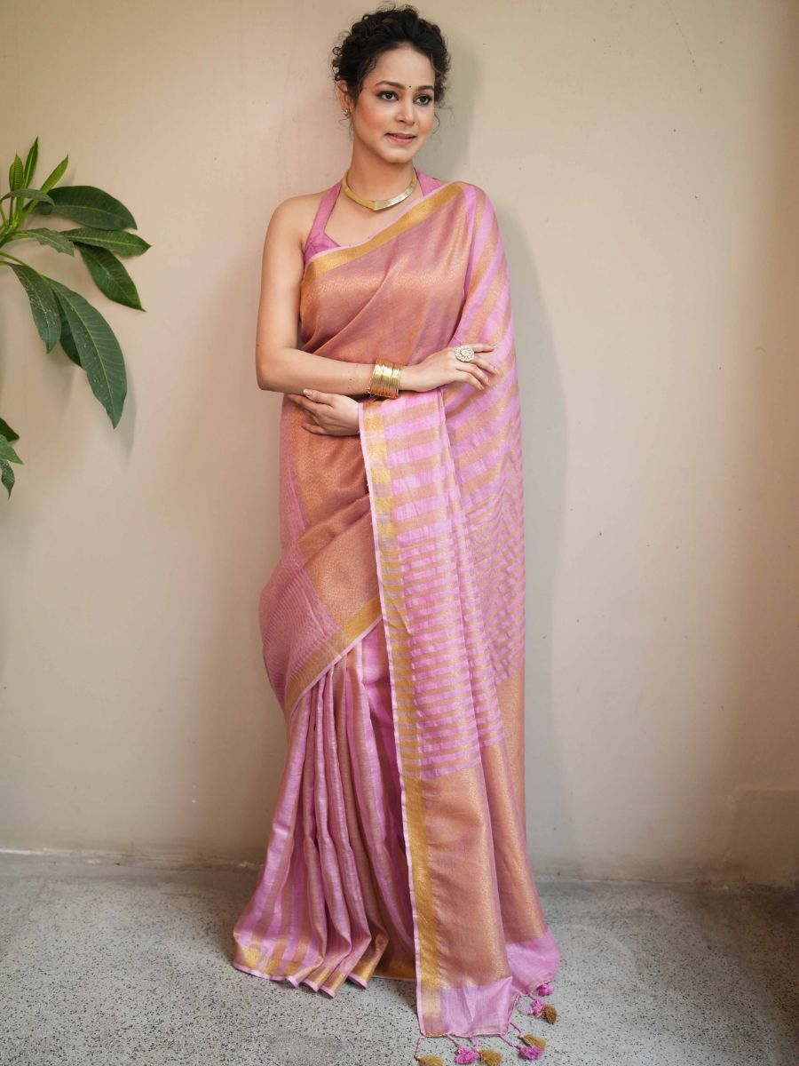 Bhagalpur Handloom Pure Linen Cotton Saree With Zari Design-Pink