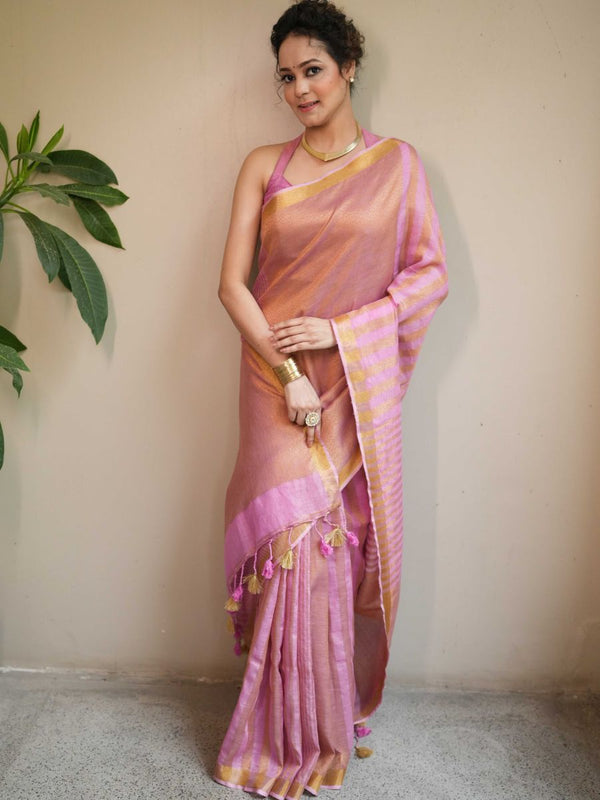Bhagalpur Handloom Pure Linen Cotton Saree With Zari Design-Pink