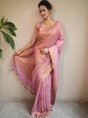 Bhagalpur Handloom Pure Linen Cotton Saree With Zari Design-Pink