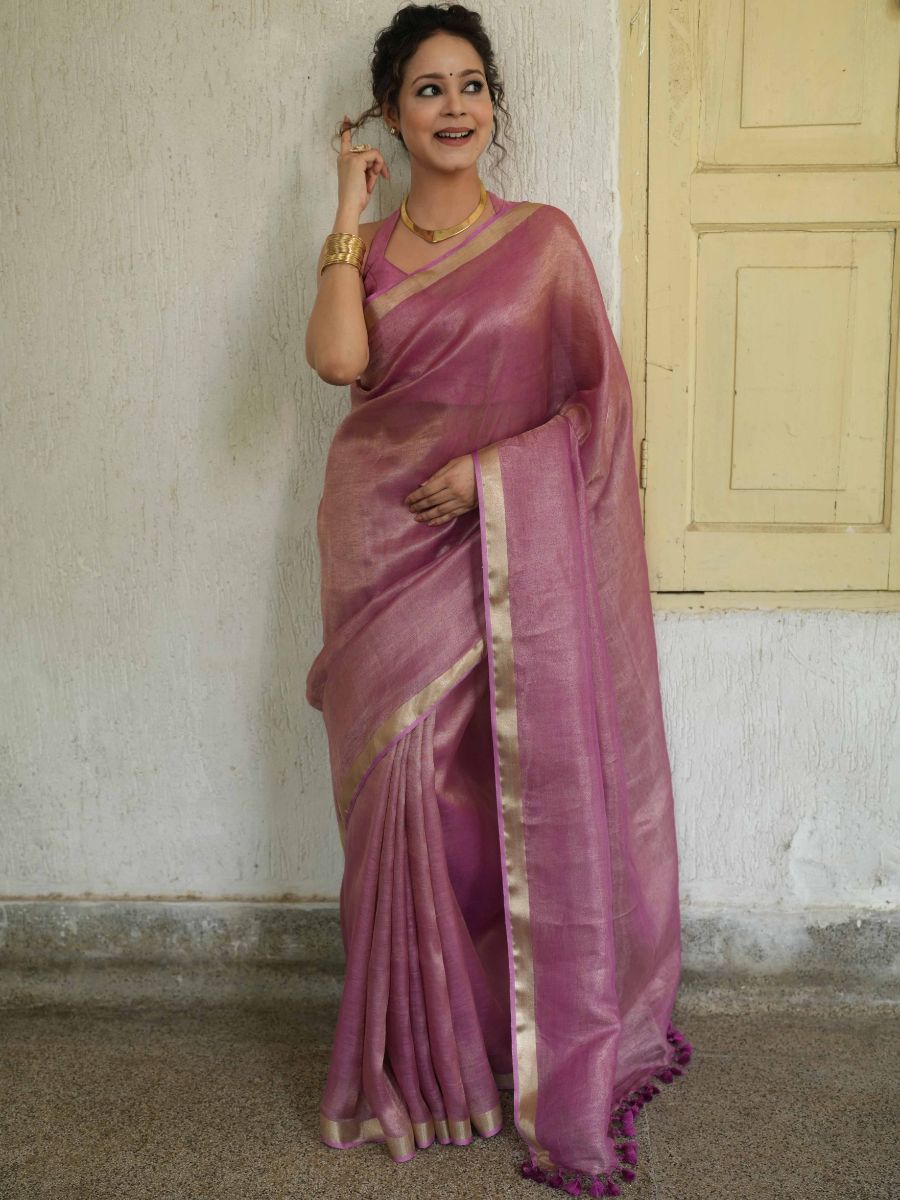 Banarasee Handloom Linen By Tissue Metallic Shine Saree-Pink