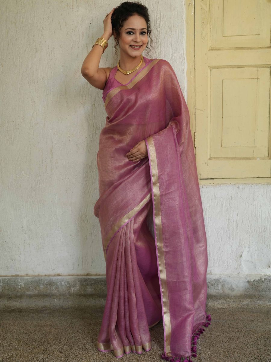 Banarasee Handloom Linen By Tissue Metallic Shine Saree-Pink