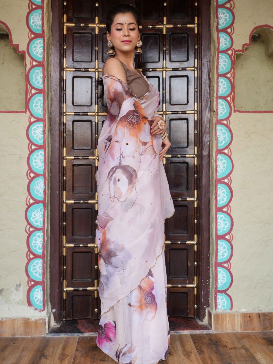 Banarasee Organza Silk Floral Printed Saree With Scallop Border-Brown