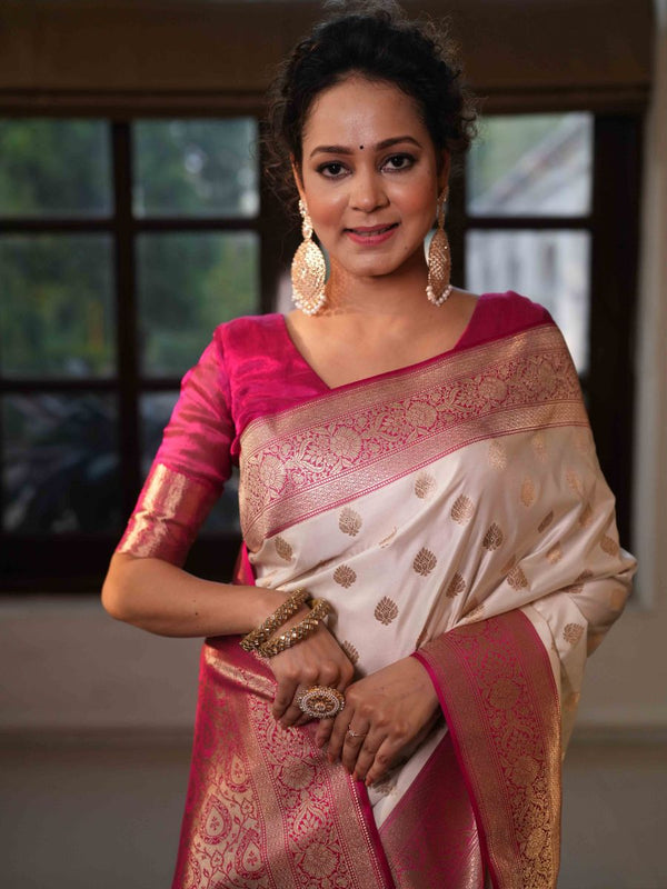 Banarasee Handwoven Semi Katan Saree With Zari Buti & Contrast Border-White & Pink