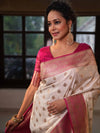 Banarasee Handwoven Semi Katan Saree With Zari Buti & Contrast Border-White & Pink