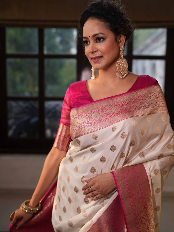 Banarasee Handwoven Semi Katan Saree With Zari Buti & Contrast Border-White & Pink