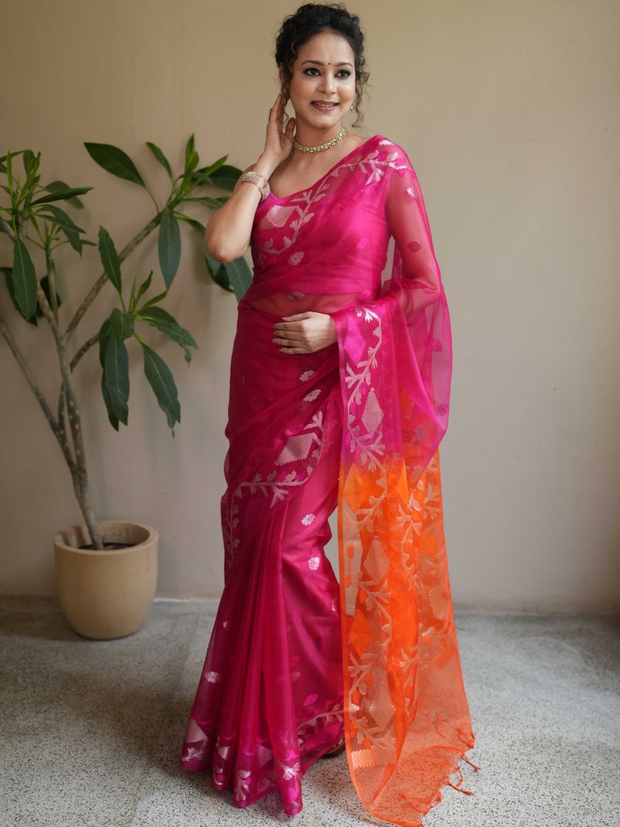 Banarasee Organza Mix Saree With Gold Zari Jaal Design & Dual Color-Pink & Orange