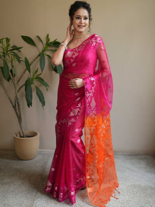 Banarasee Organza Mix Saree With Gold Zari Jaal Design & Dual Color-Pink & Orange