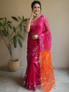 Banarasee Organza Mix Saree With Gold Zari Jaal Design & Dual Color-Pink & Orange