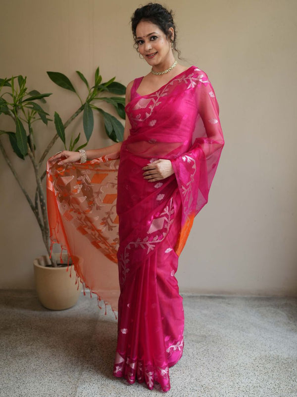 Banarasee Organza Mix Saree With Gold Zari Jaal Design & Dual Color-Pink & Orange