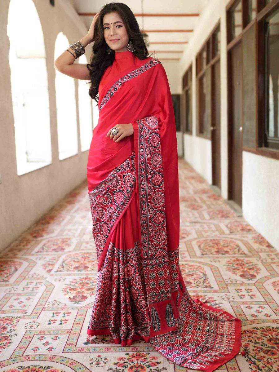 Banarasee Handwoven Satin Block Printed Saree-Red