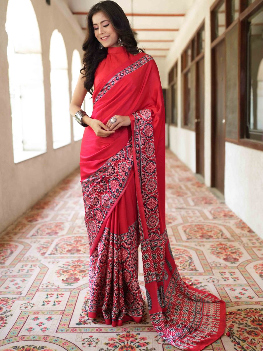 Banarasee Handwoven Satin Block Printed Saree-Red