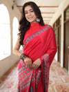 Banarasee Handwoven Satin Block Printed Saree-Red