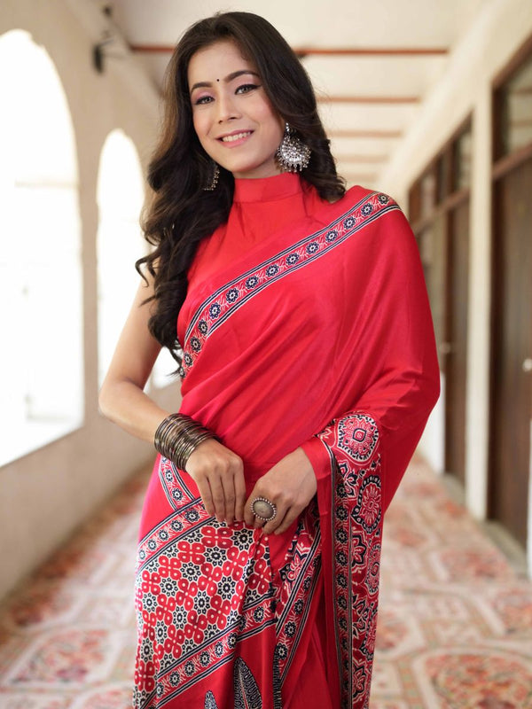 Banarasee Handwoven Satin Block Printed Saree-Red