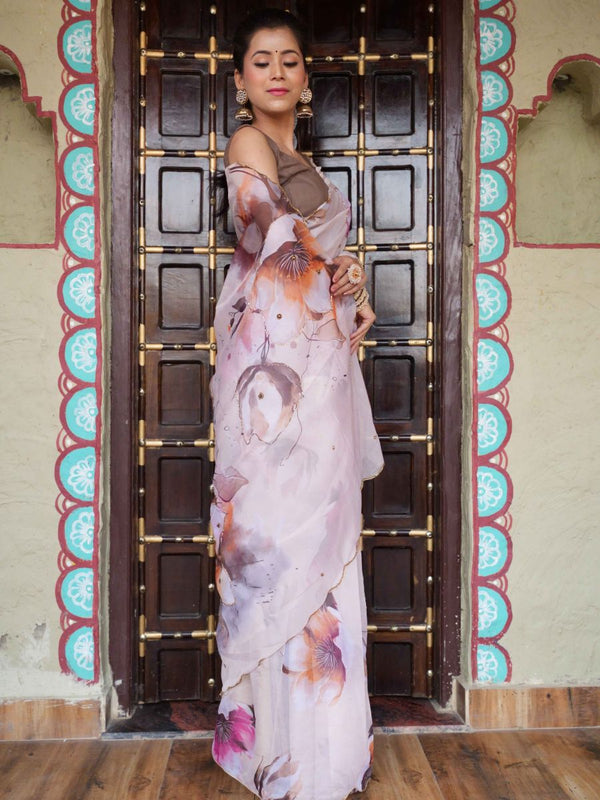 Banarasee Organza Silk Floral Printed Saree With Scallop Border-Brown