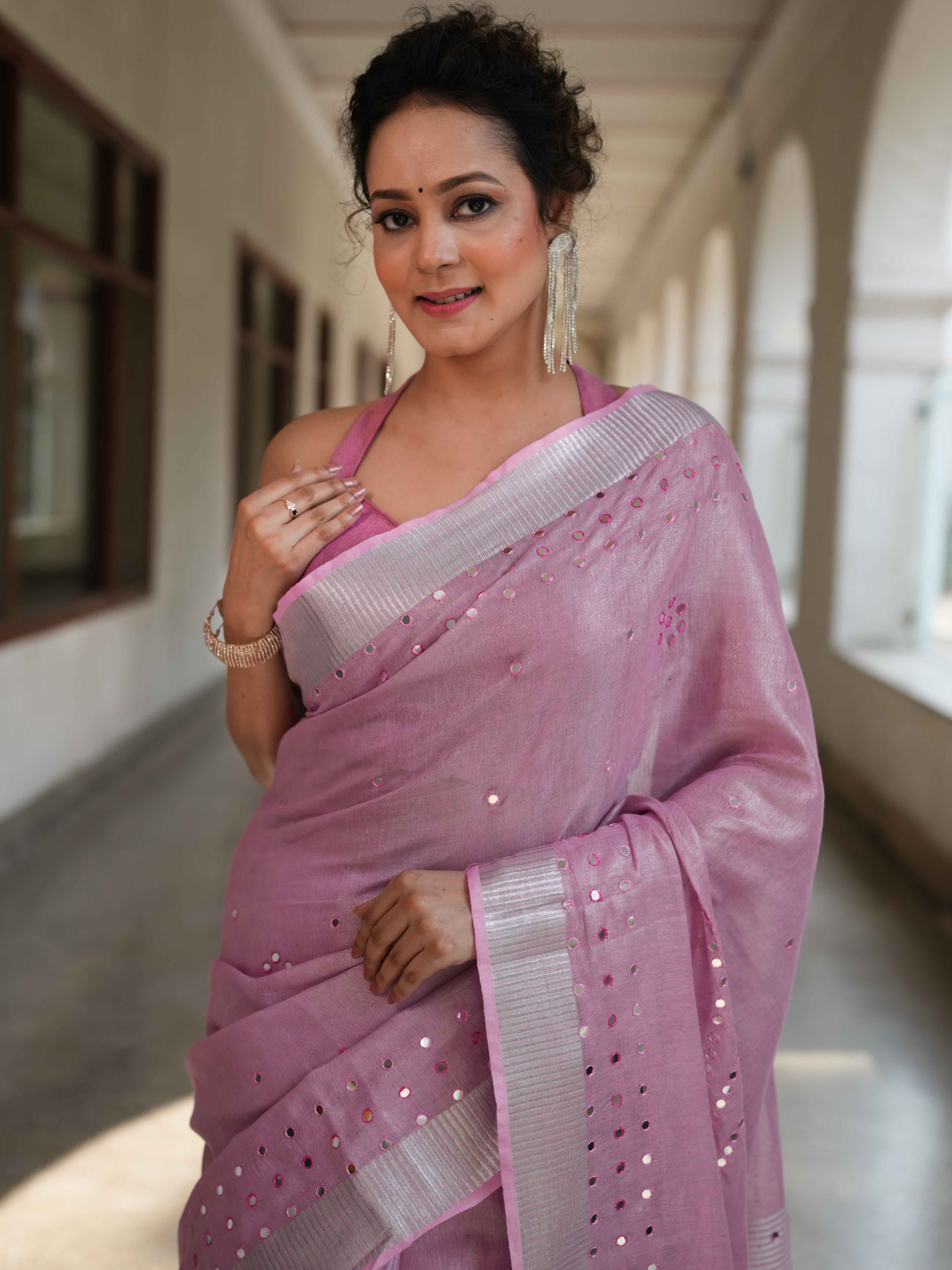 Banarasee Handloom Linen Saree With Mirror Work-Onion Pink