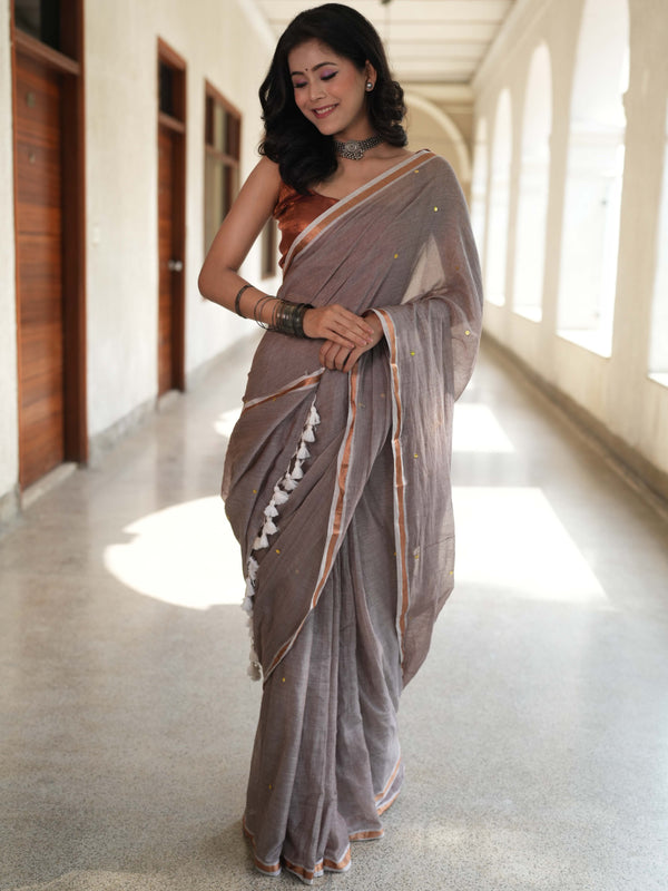 Handloom Mul Cotton Saree With Mirror Work Gold Zari Border-Grey