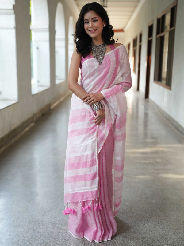 Bhagalpur Handloom Pure Linen Cotton Saree-White & Pink