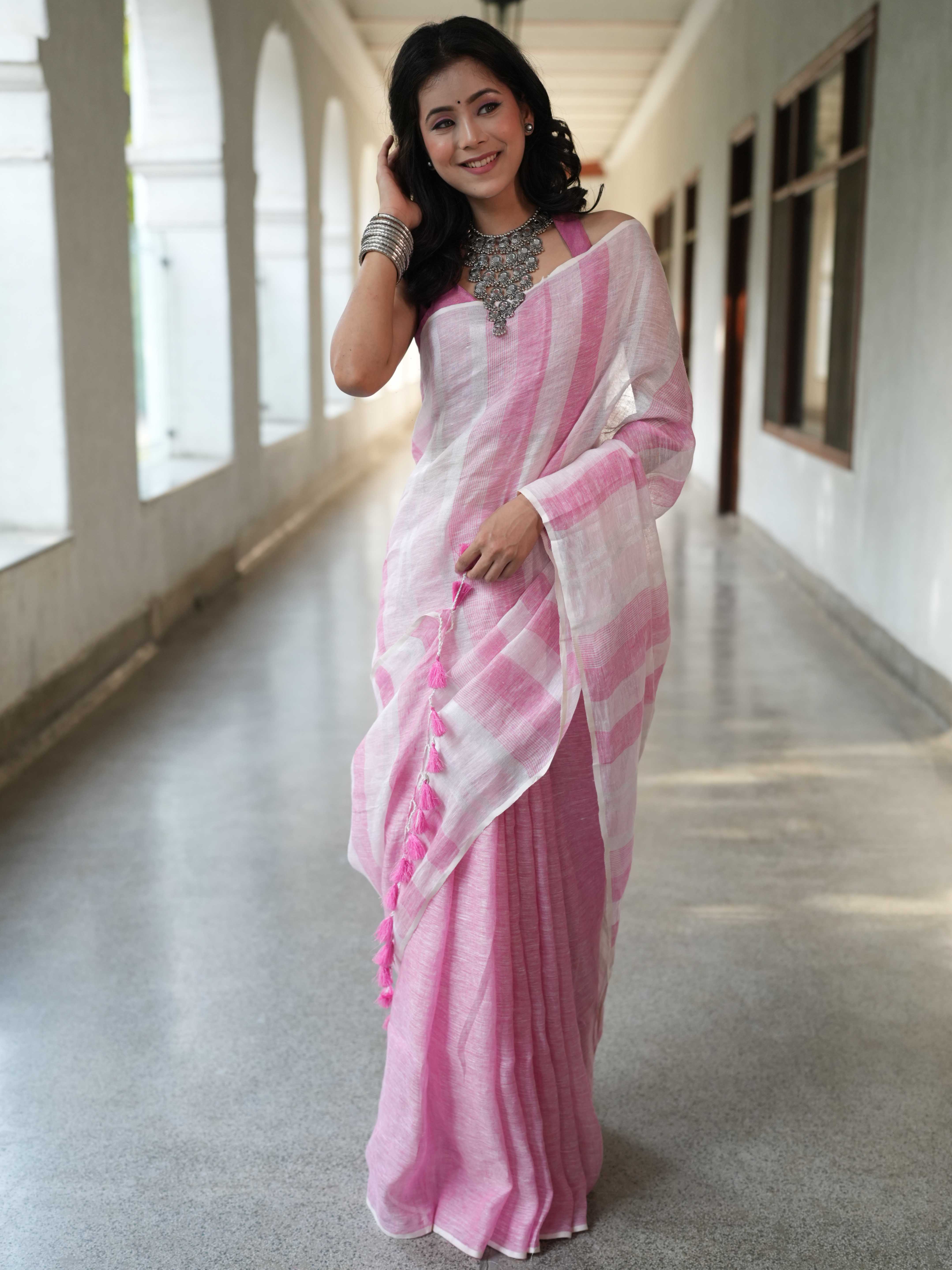 Bhagalpur Handloom Pure Linen Cotton Saree-White & Pink