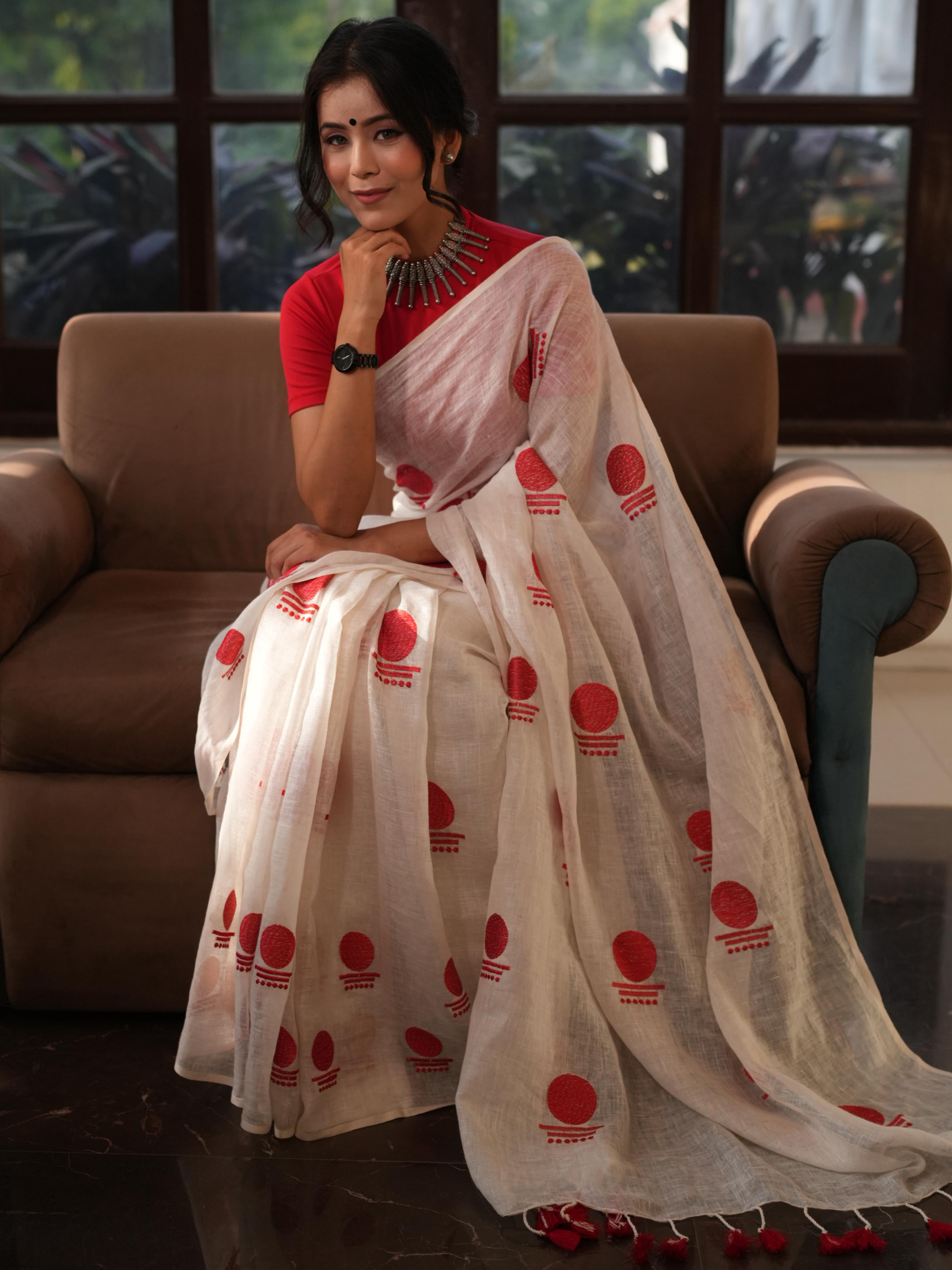 Bhagalpur Handloom Pure Linen Cotton Saree With Embroidery-White