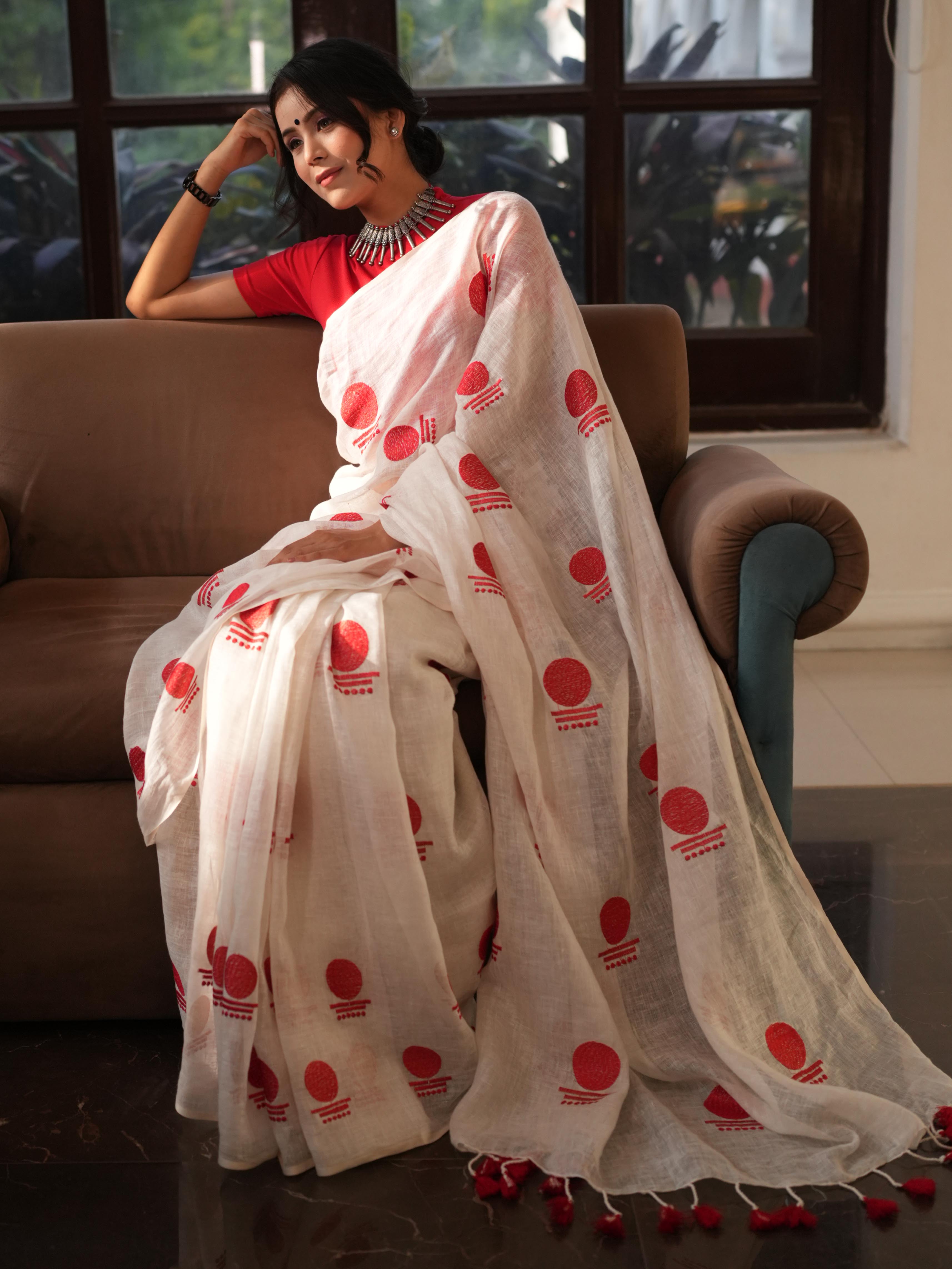 Bhagalpur Handloom Pure Linen Cotton Saree With Embroidery-White