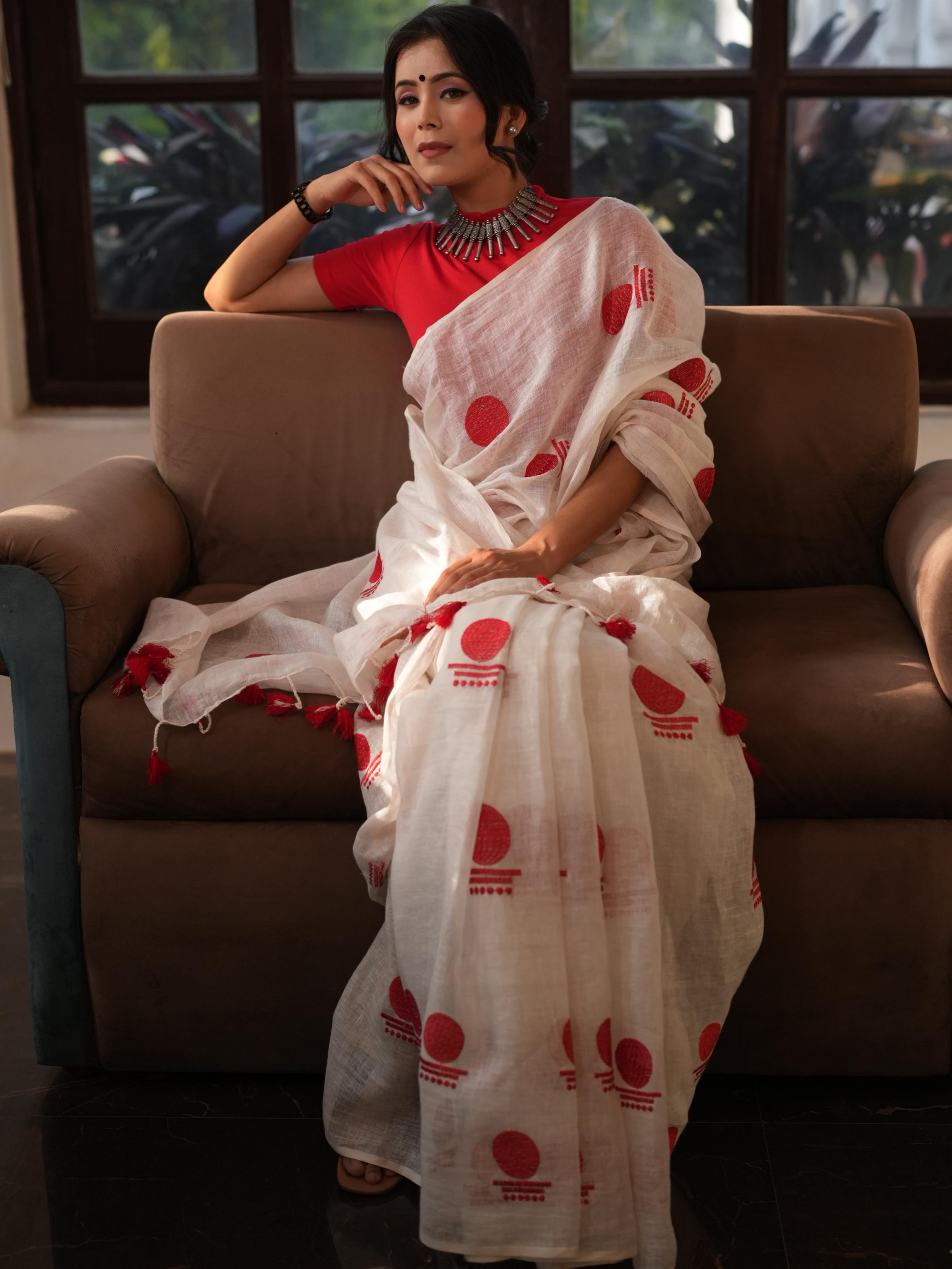 Bhagalpur Handloom Pure Linen Cotton Saree With Embroidery-White