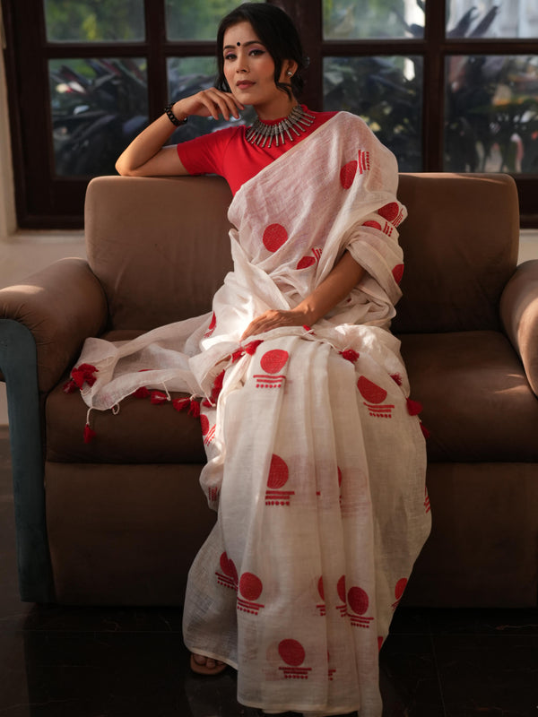 Bhagalpur Handloom Pure Linen Cotton Saree With Embroidery-White