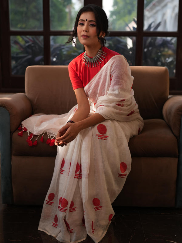 Bhagalpur Handloom Pure Linen Cotton Saree With Embroidery-White