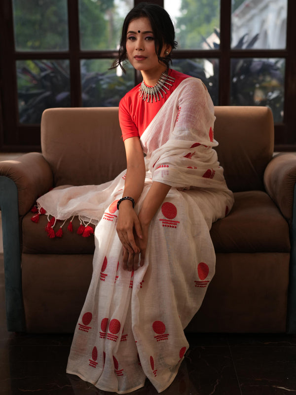 Bhagalpur Handloom Pure Linen Cotton Saree With Embroidery-White