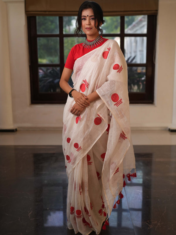 Bhagalpur Handloom Pure Linen Cotton Saree With Embroidery-White