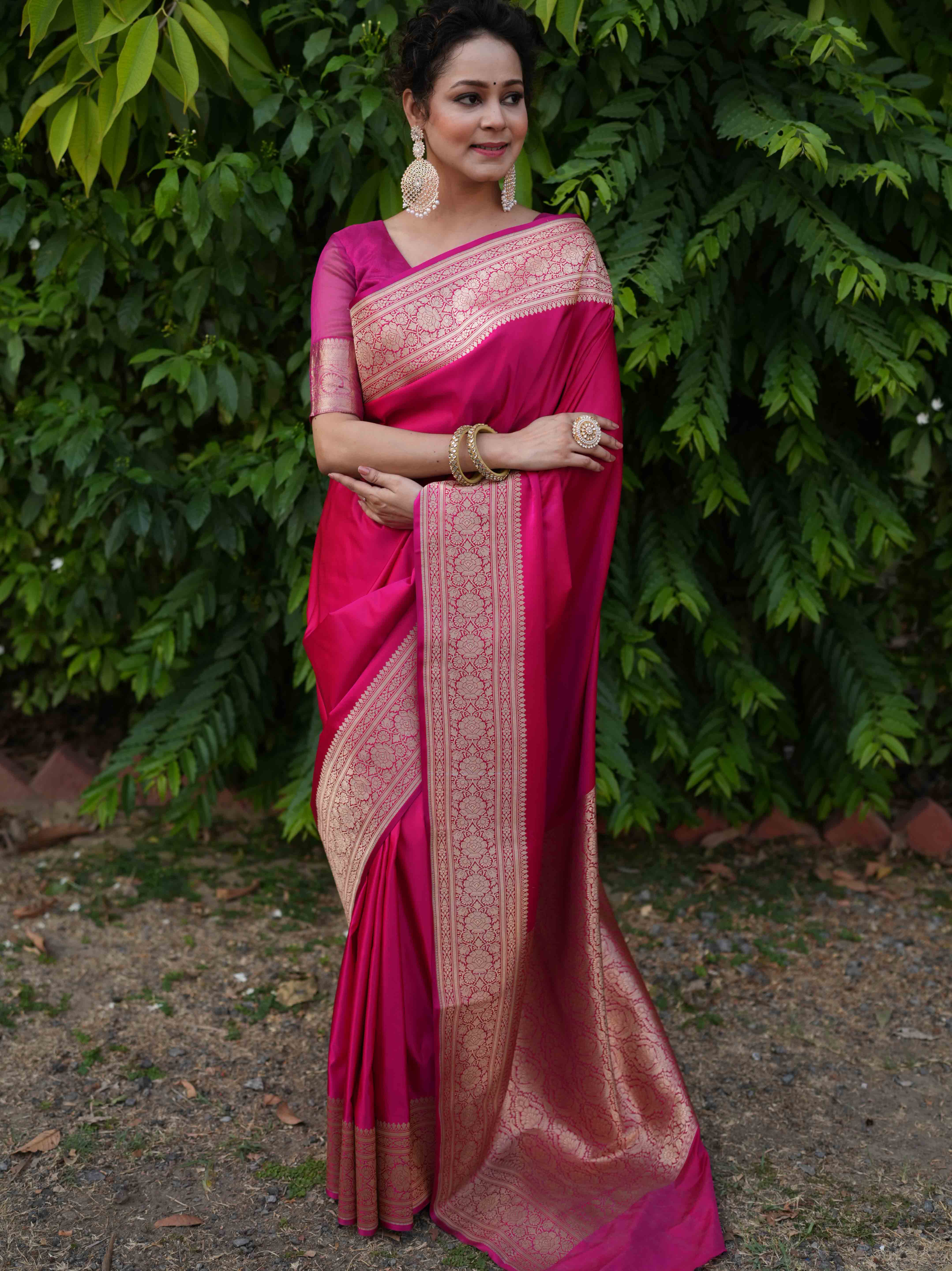 Banarasee Handwoven Semi Katan Plain Saree With Zari Border Design- Fuchsia Pink