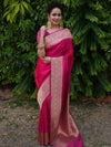 Banarasee Handwoven Semi Katan Plain Saree With Zari Border Design- Fuchsia Pink