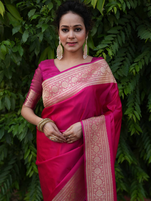 Banarasee Handwoven Semi Katan Plain Saree With Zari Border Design- Fuchsia Pink