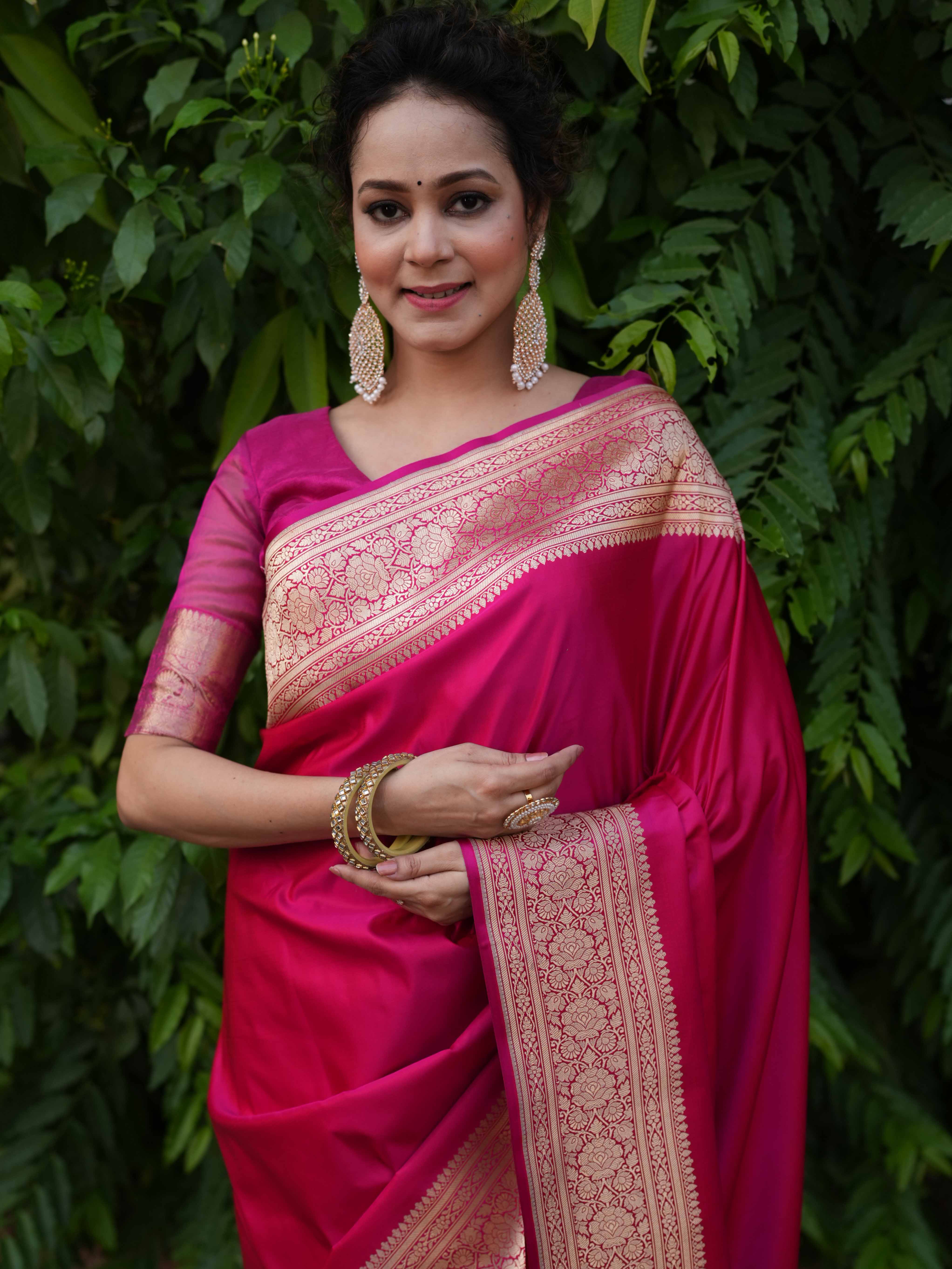 Banarasee Handwoven Semi Katan Plain Saree With Zari Border Design- Fuchsia Pink