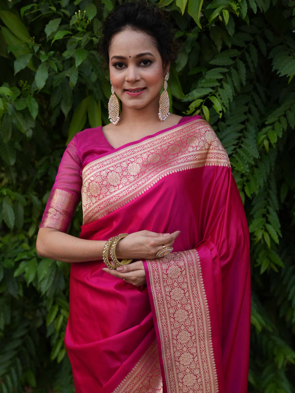 Banarasee Handwoven Semi Katan Plain Saree With Zari Border Design- Fuchsia Pink