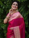 Banarasee Handwoven Semi Katan Plain Saree With Zari Border Design- Fuchsia Pink