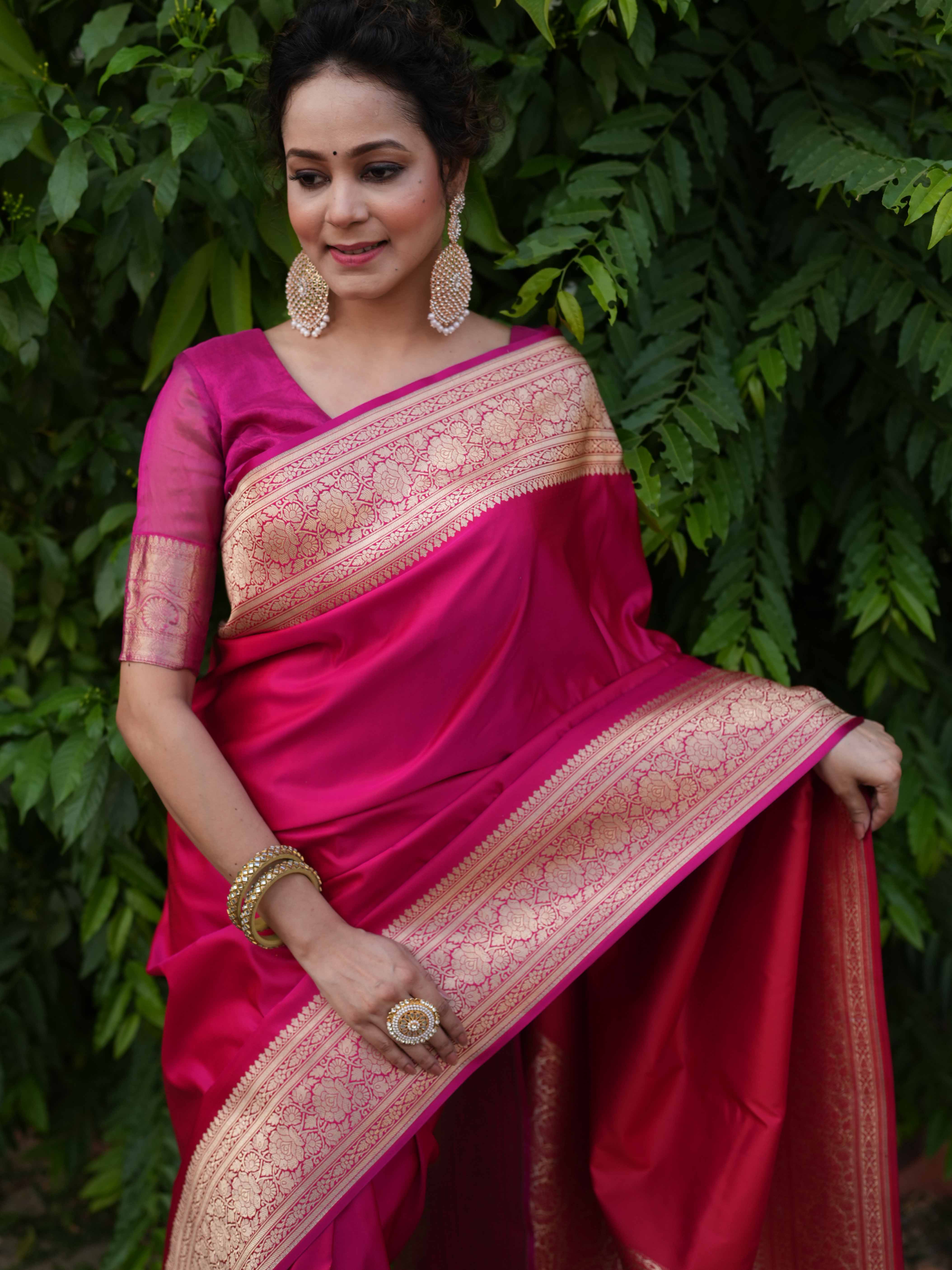 Banarasee Handwoven Semi Katan Plain Saree With Zari Border Design- Fuchsia Pink