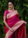 Banarasee Handwoven Semi Katan Plain Saree With Zari Border Design- Fuchsia Pink
