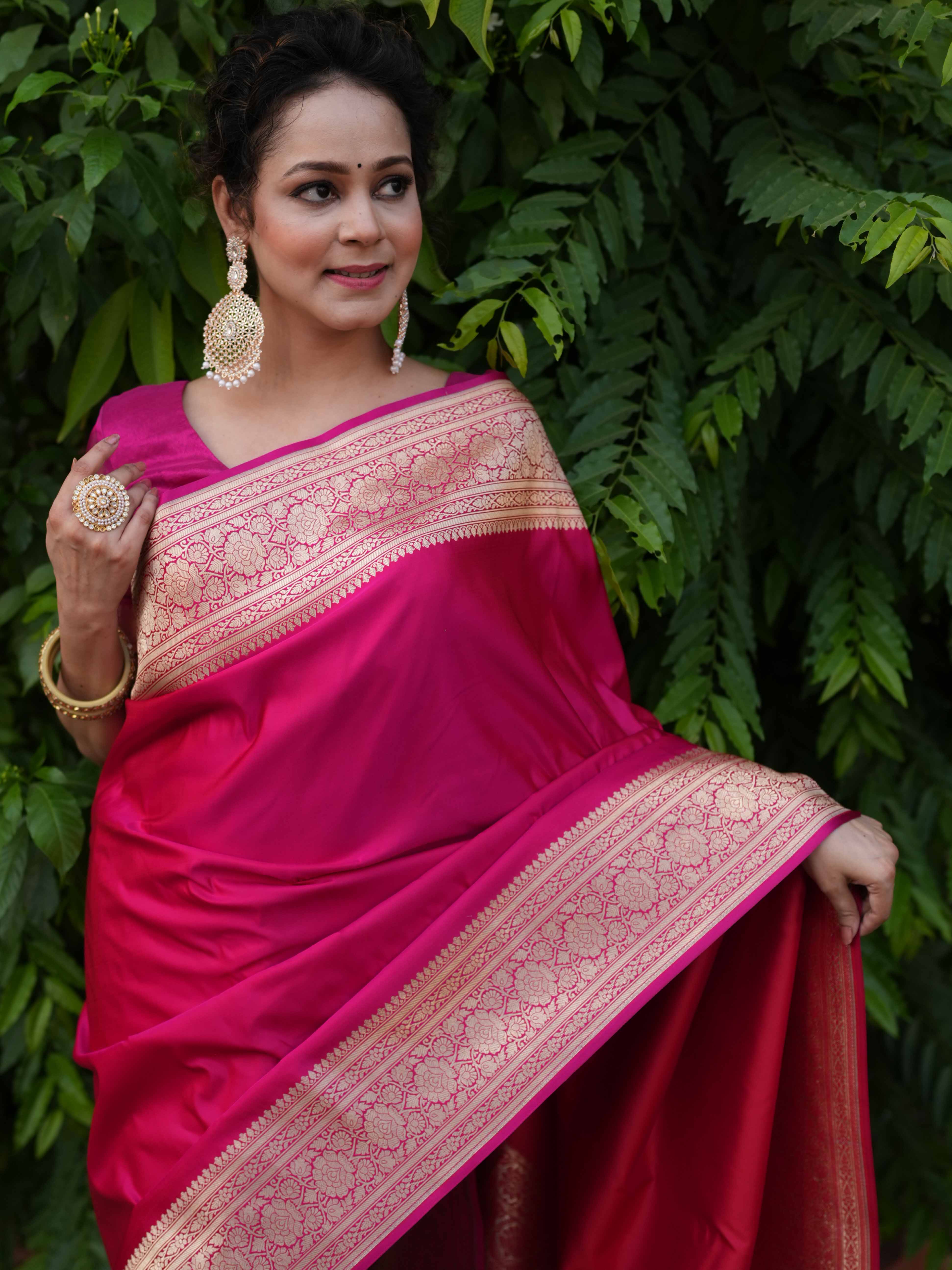 Banarasee Handwoven Semi Katan Plain Saree With Zari Border Design- Fuchsia Pink