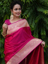 Banarasee Handwoven Semi Katan Plain Saree With Zari Border Design- Fuchsia Pink