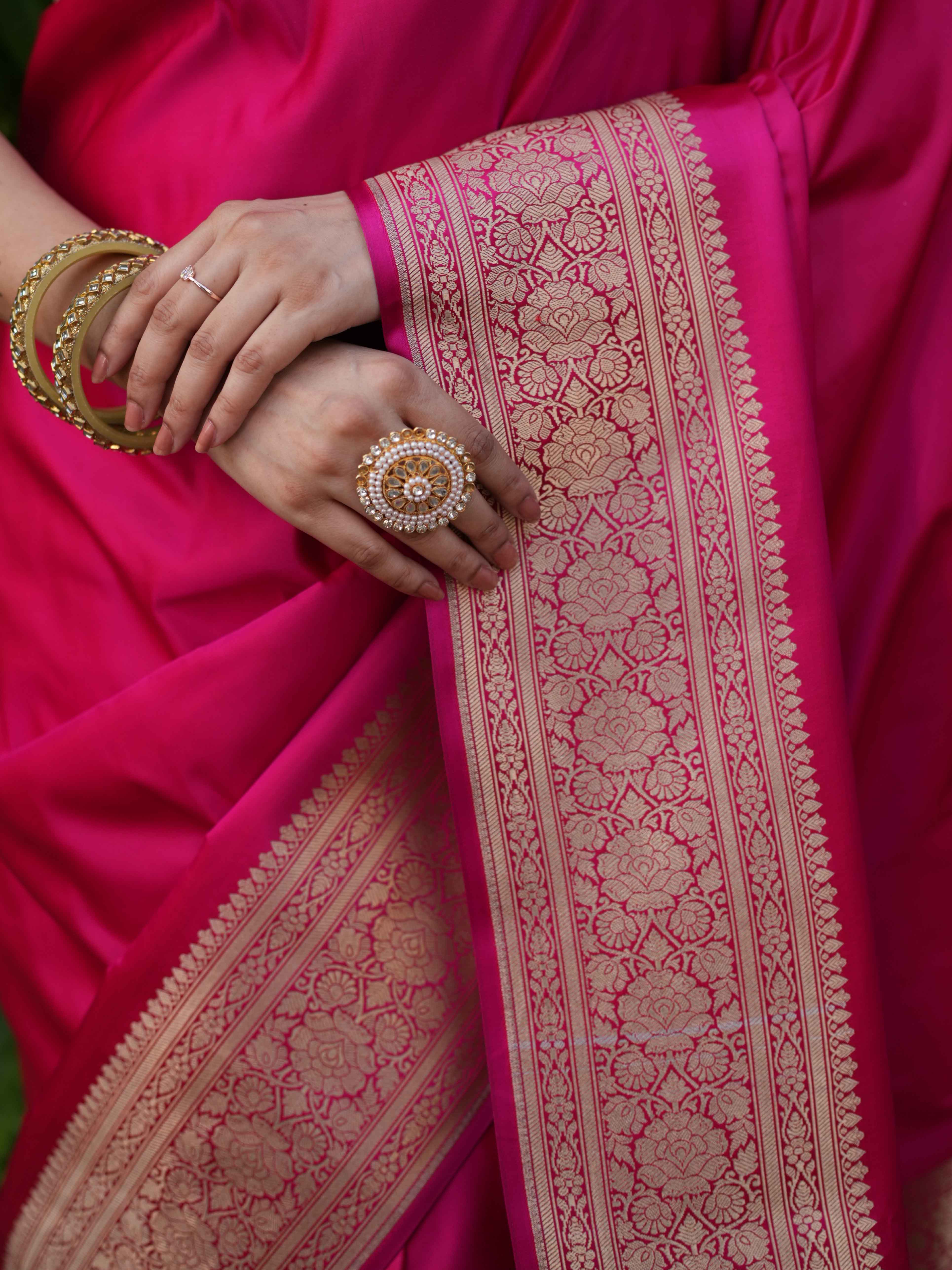 Banarasee Handwoven Semi Katan Plain Saree With Zari Border Design- Fuchsia Pink