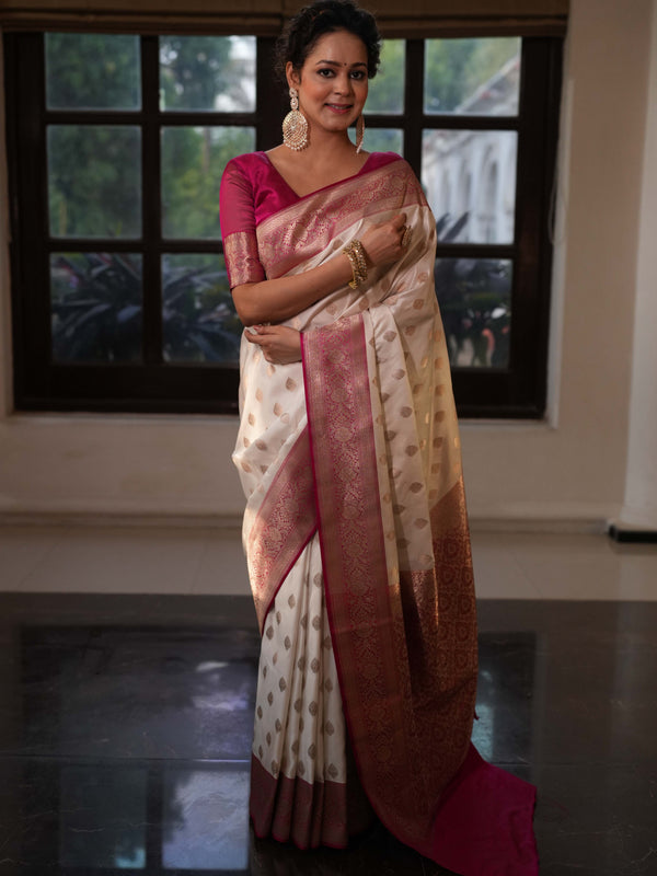 Banarasee Handwoven Semi Katan Saree With Zari Buti & Contrast Border-White & Pink
